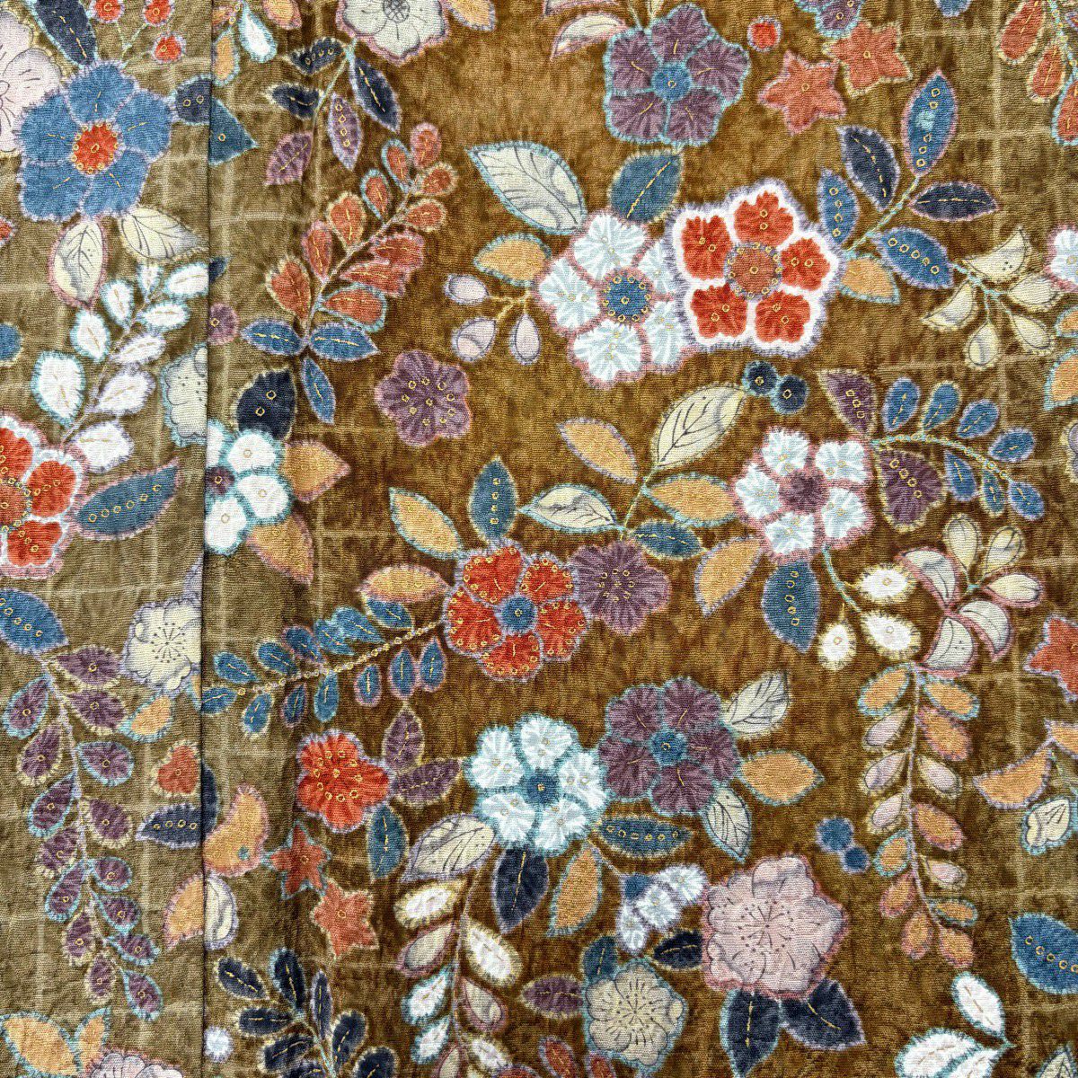 【美品】 小紋 身長161cm 袖長64cm M 雙層 草花紋紋 金彩裝飾 漸層 茶 純蠶絲 優品級