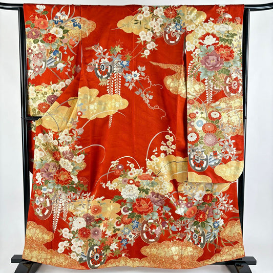 振袖禮服 身長161cm 袖長63.5cm S 雙層 鈴乃屋 花車 牡丹 金銀彩 金絲 朱 純蠶絲 秀品級