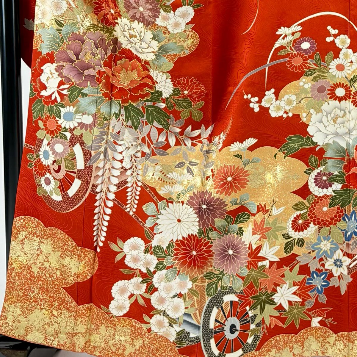 振袖禮服 身長161cm 袖長63.5cm S 雙層 鈴乃屋 花車 牡丹 金銀彩 金絲 朱 純蠶絲 秀品級