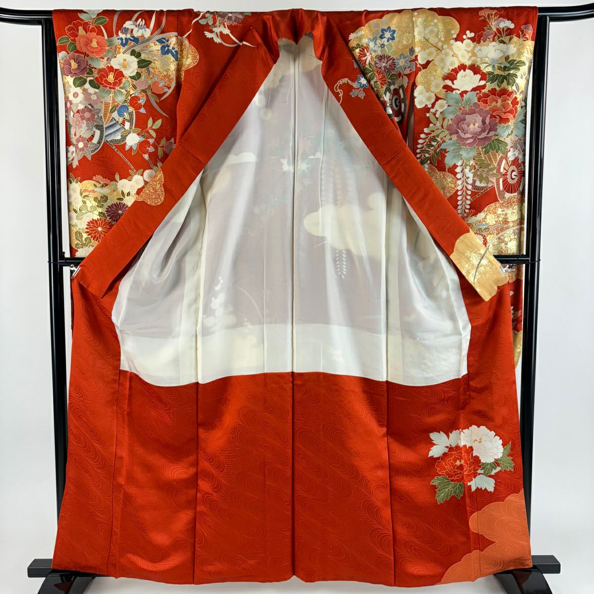 振袖禮服 身長161cm 袖長63.5cm S 雙層 鈴乃屋 花車 牡丹 金銀彩 金絲 朱 純蠶絲 秀品級