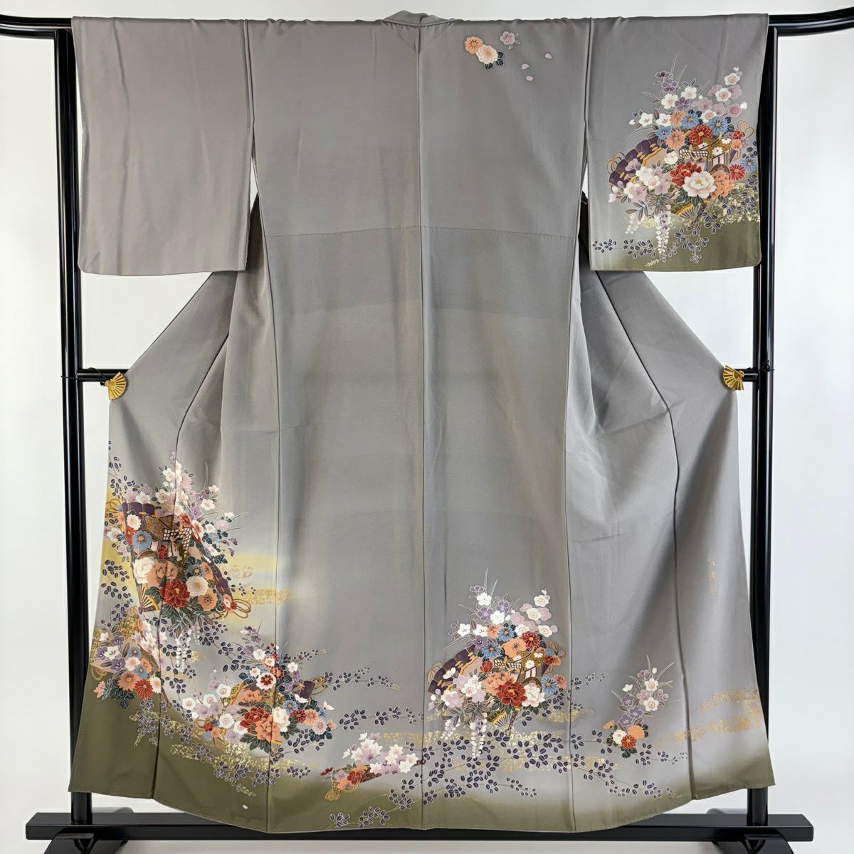 訪問服 身長156.5cm 袖長64cm M 雙層 落款あり 桧扇子 草花紋紋 金銀彩 漸層 灰色 純蠶絲 秀品級