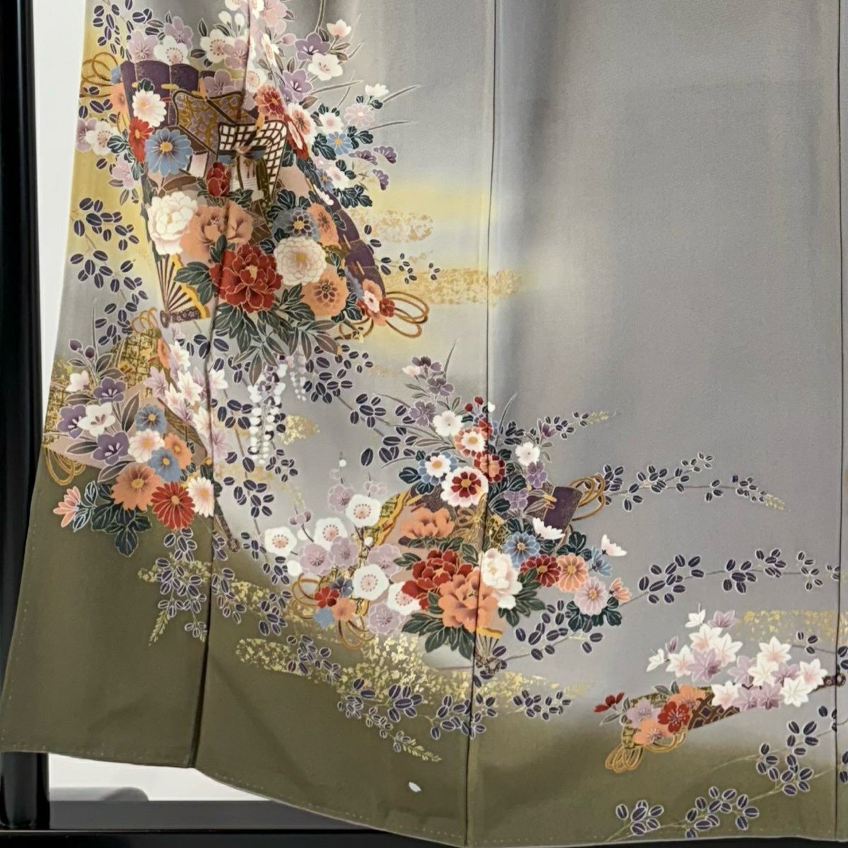 訪問服 身長156.5cm 袖長64cm M 雙層 落款あり 桧扇子 草花紋紋 金銀彩 漸層 灰色 純蠶絲 秀品級
