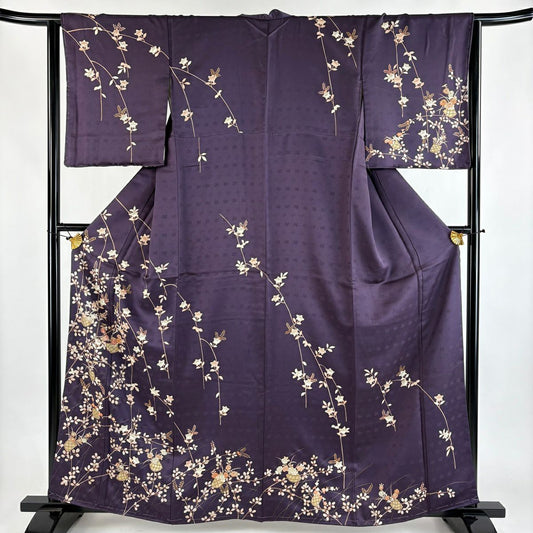 訪問服 身長161cm 袖長64.5cm M 雙層 花籠 橘色 刺繡 金銀彩 深紫 純蠶絲 秀品級