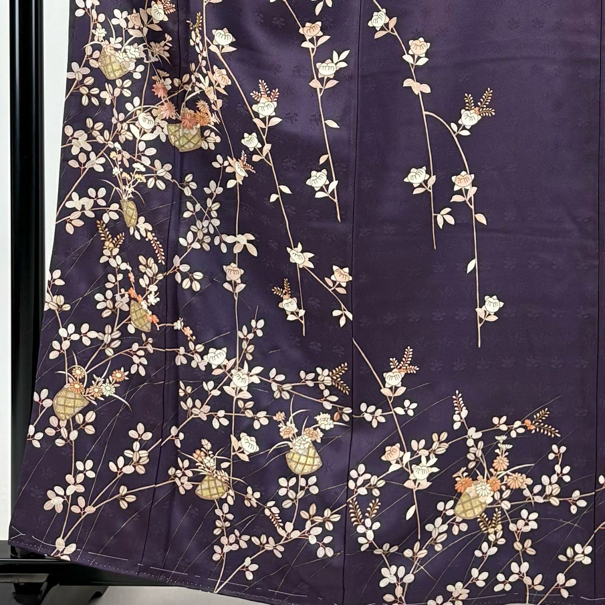 訪問服 身長161cm 袖長64.5cm M 雙層 花籠 橘色 刺繡 金銀彩 深紫 純蠶絲 秀品級