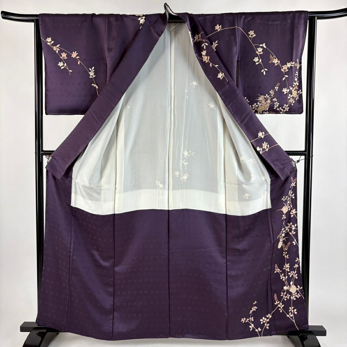 訪問服 身長161cm 袖長64.5cm M 雙層 花籠 橘色 刺繡 金銀彩 深紫 純蠶絲 秀品級