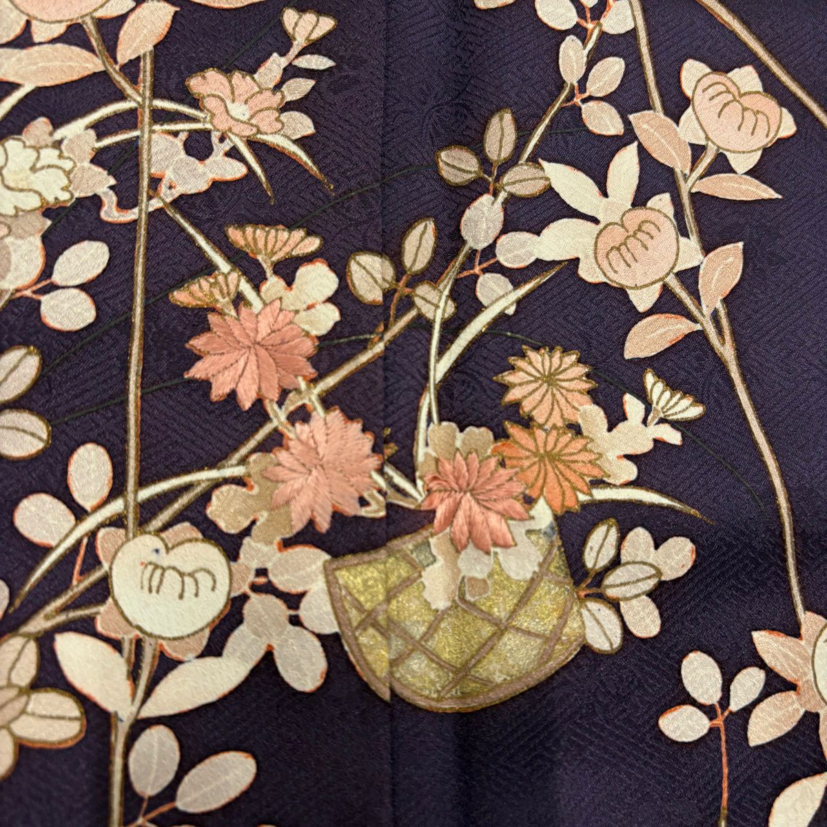 訪問服 身長161cm 袖長64.5cm M 雙層 花籠 橘色 刺繡 金銀彩 深紫 純蠶絲 秀品級