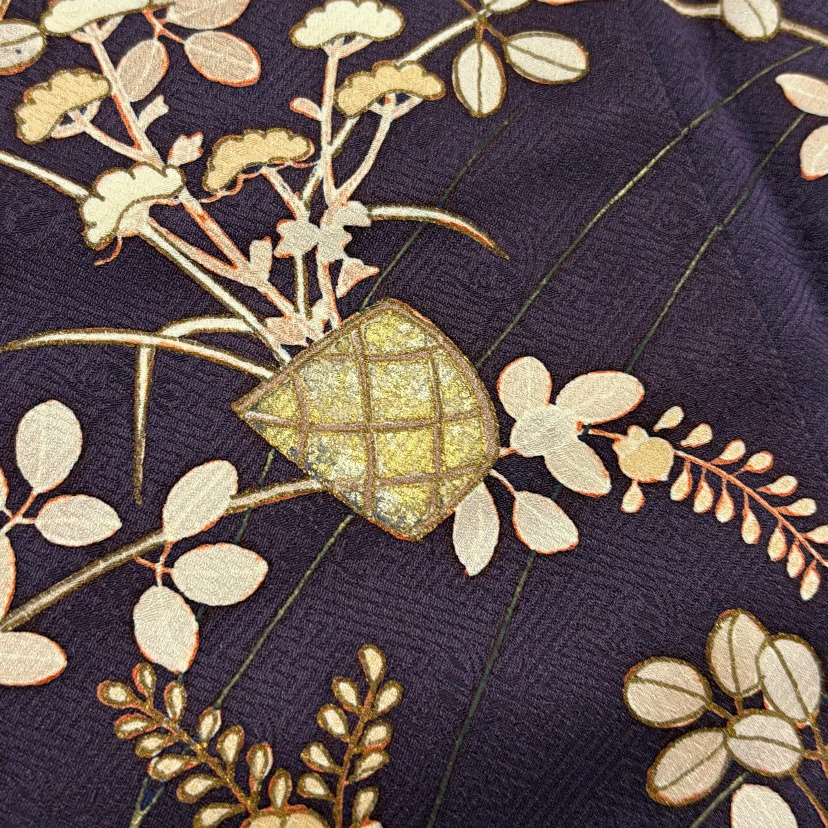 訪問服 身長161cm 袖長64.5cm M 雙層 花籠 橘色 刺繡 金銀彩 深紫 純蠶絲 秀品級