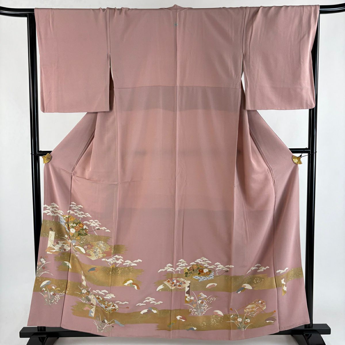 色留袖禮服 身長160cm 袖長66.5cm M 雙層 文箱 菊花 金絲 金銀彩 粉紅 純蠶絲 秀品級 一つ紋