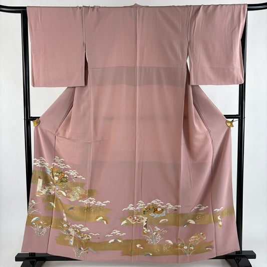 色留袖禮服 身長160cm 袖長66.5cm M 雙層 文箱 菊花 金絲 金銀彩 粉紅 純蠶絲 秀品級 一つ紋