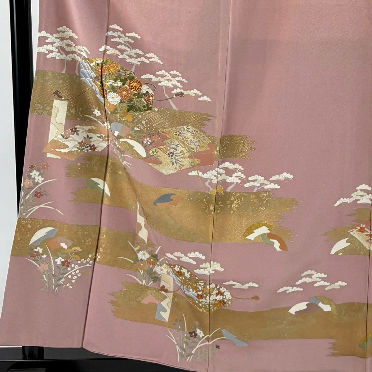 色留袖禮服 身長160cm 袖長66.5cm M 雙層 文箱 菊花 金絲 金銀彩 粉紅 純蠶絲 秀品級 一つ紋