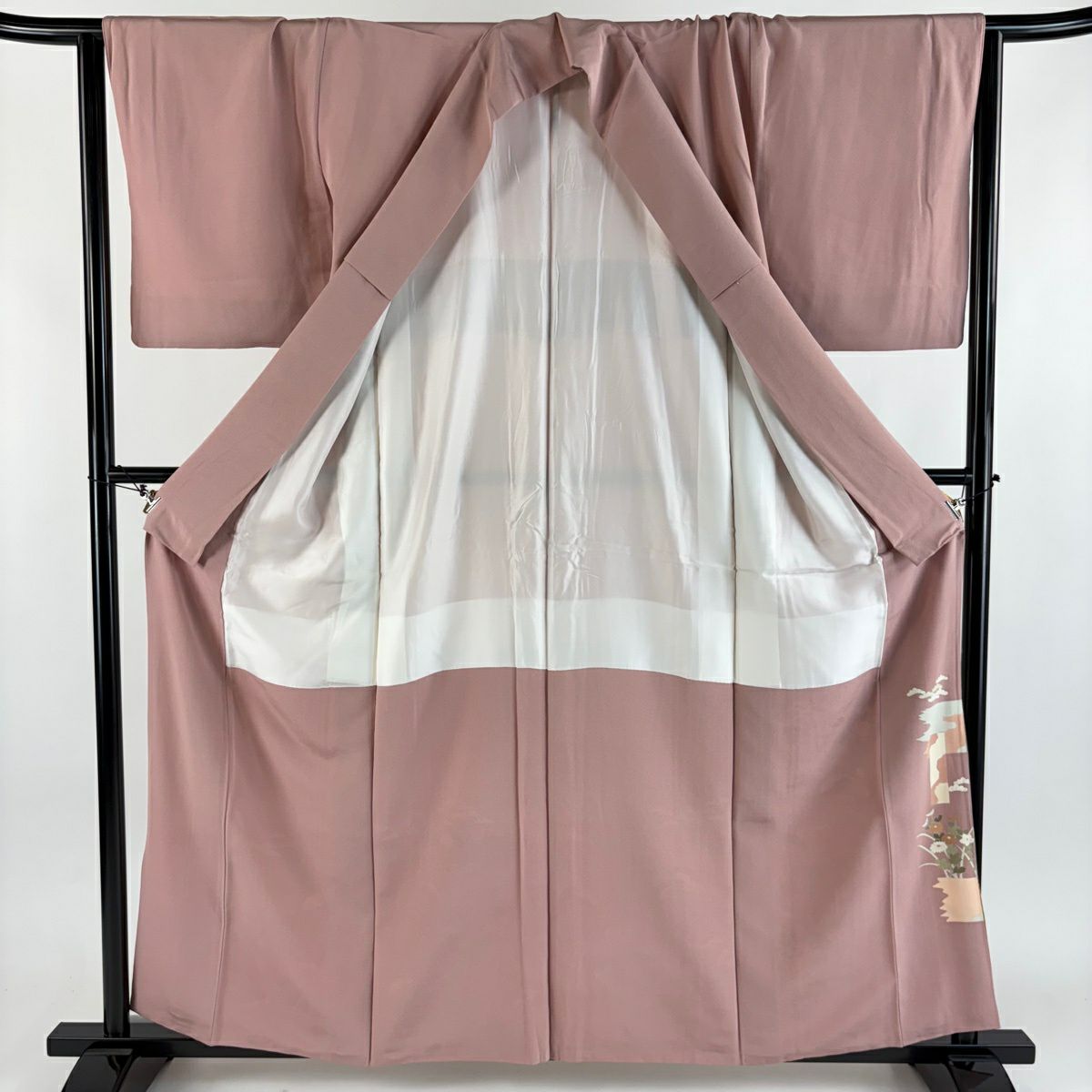 色留袖禮服 身長160cm 袖長66.5cm M 雙層 文箱 菊花 金絲 金銀彩 粉紅 純蠶絲 秀品級 一つ紋