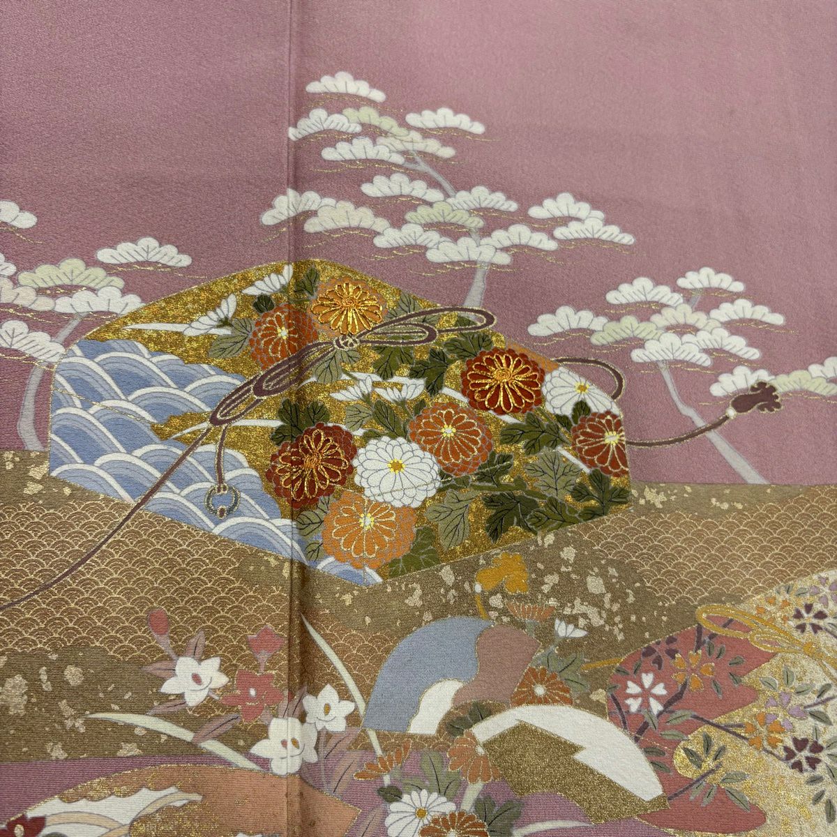 色留袖禮服 身長160cm 袖長66.5cm M 雙層 文箱 菊花 金絲 金銀彩 粉紅 純蠶絲 秀品級 一つ紋