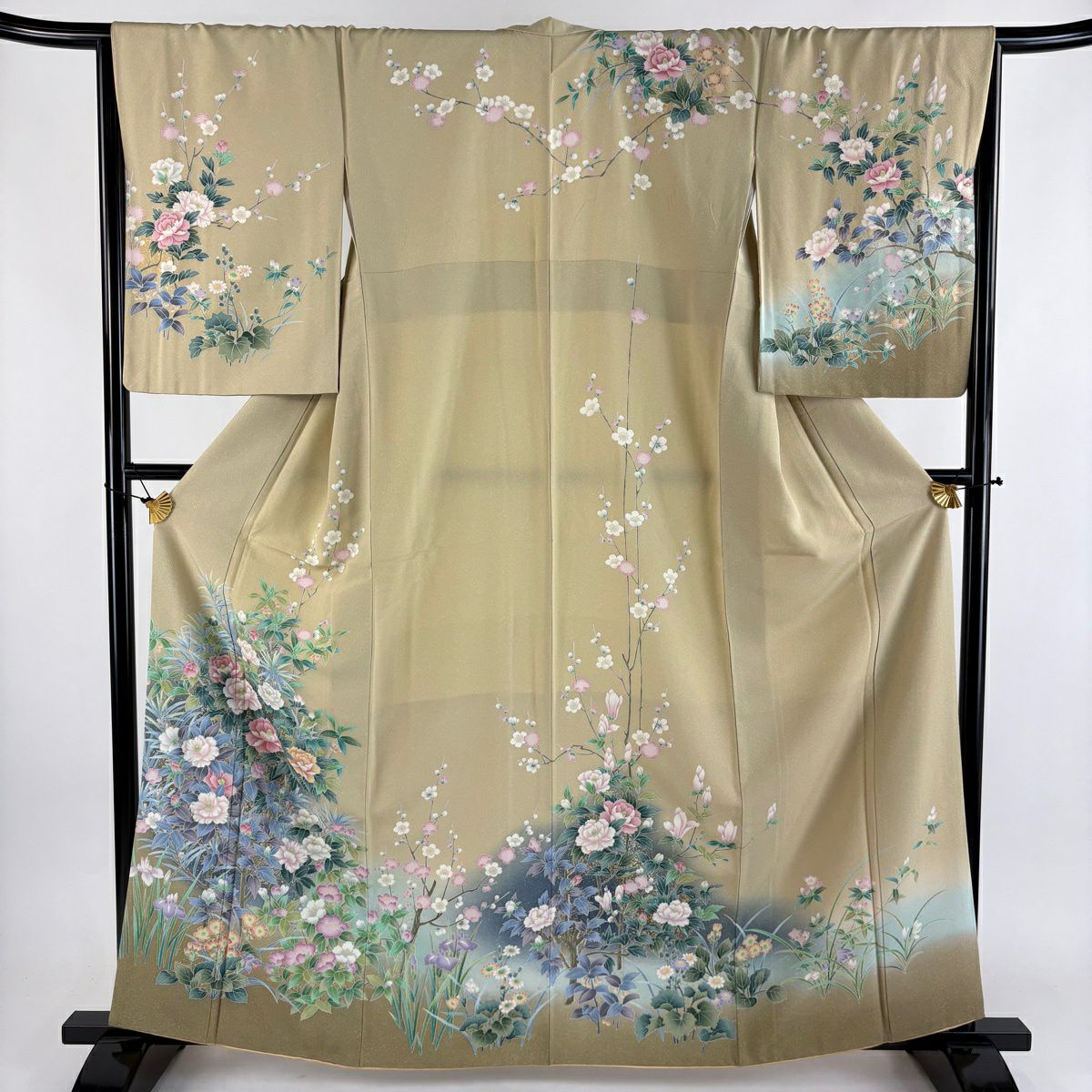 【美品】訪問服 身長162cm 袖長66.5cm M 雙層 牡丹 枝梅花 金銀彩 漸層 米色 純蠶絲 優品級