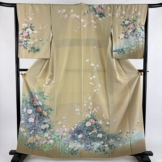 【美品】訪問服 身長162cm 袖長66.5cm M 雙層 牡丹 枝梅花 金銀彩 漸層 米色 純蠶絲 優品級