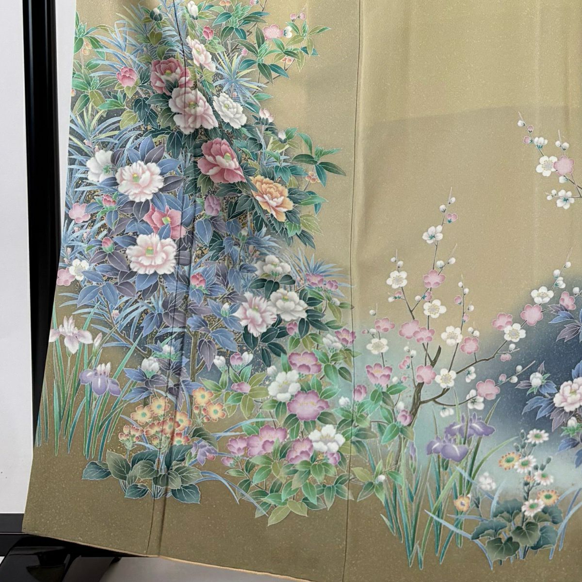 【美品】訪問服 身長162cm 袖長66.5cm M 雙層 牡丹 枝梅花 金銀彩 漸層 米色 純蠶絲 優品級