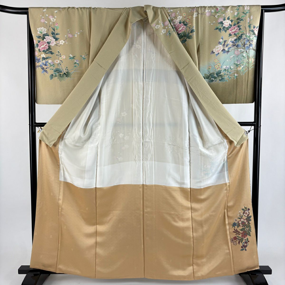 【美品】訪問服 身長162cm 袖長66.5cm M 雙層 牡丹 枝梅花 金銀彩 漸層 米色 純蠶絲 優品級