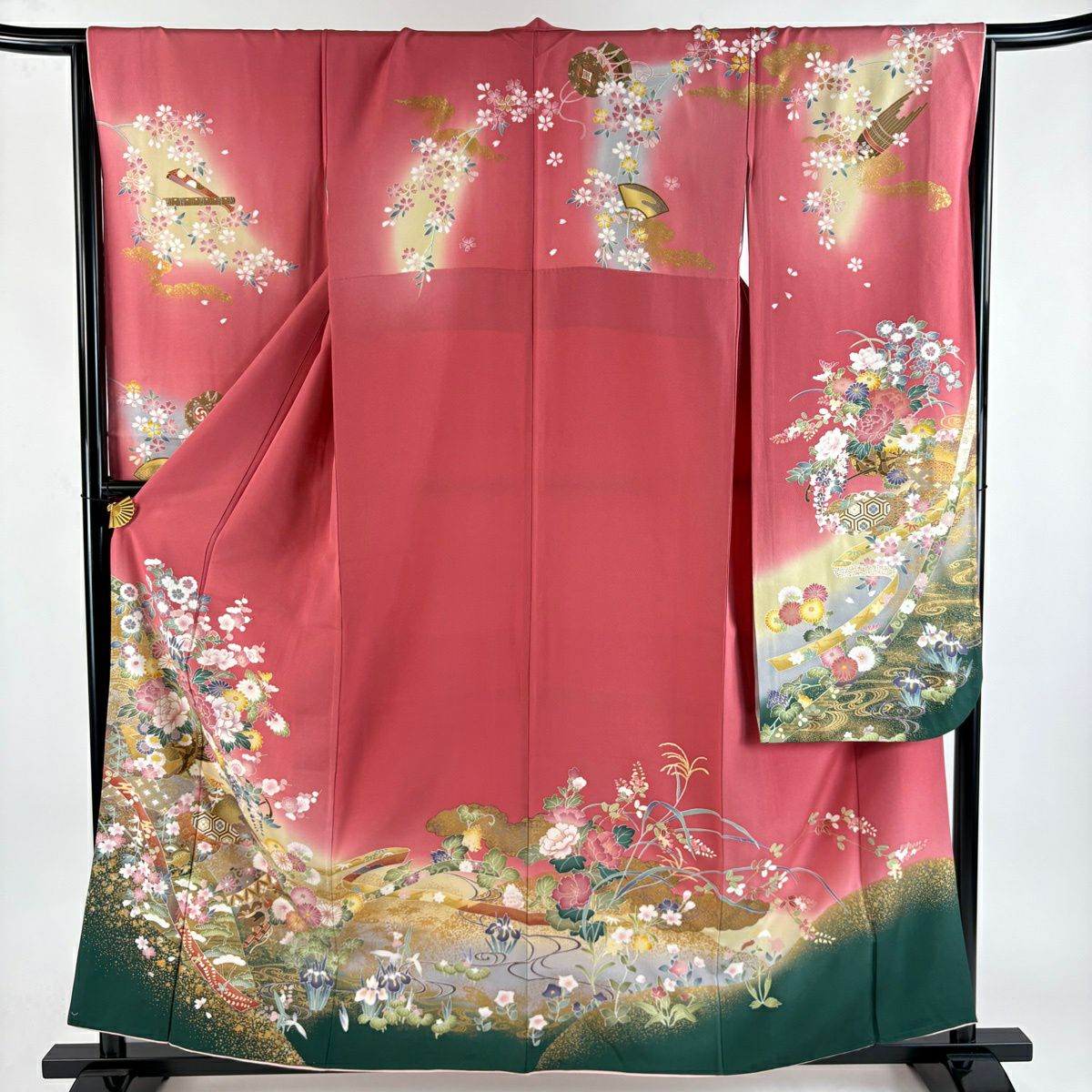 【美品】振袖禮服 身長159cm 袖長66cm M 雙層 花車 寶盡くし 金絲 金銀彩 深粉 純蠶絲 秀品級