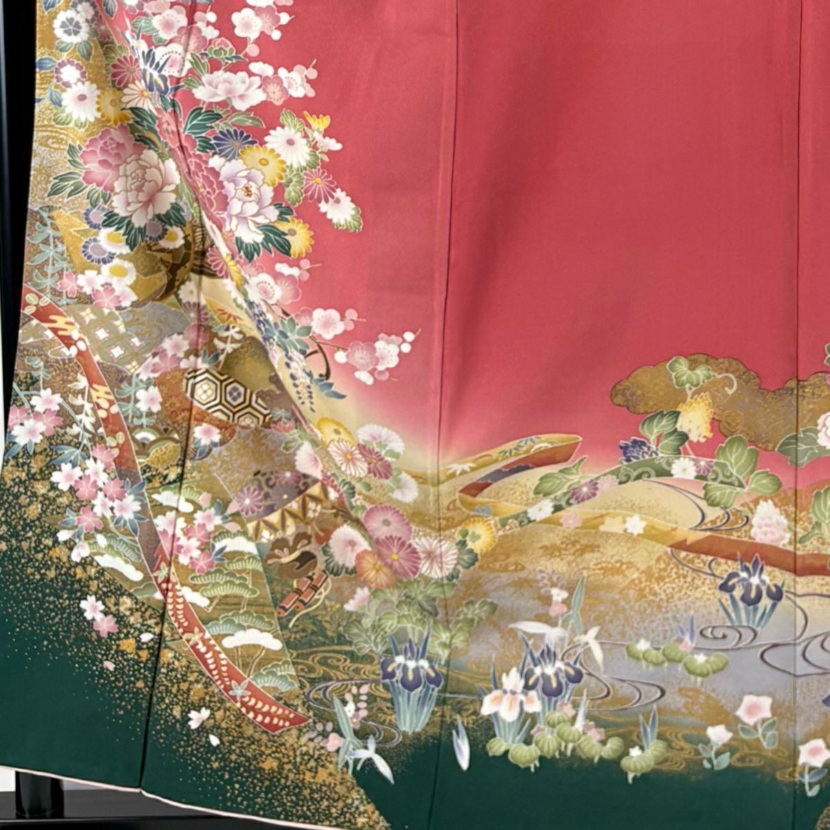 【美品】振袖禮服 身長159cm 袖長66cm M 雙層 花車 寶盡くし 金絲 金銀彩 深粉 純蠶絲 秀品級