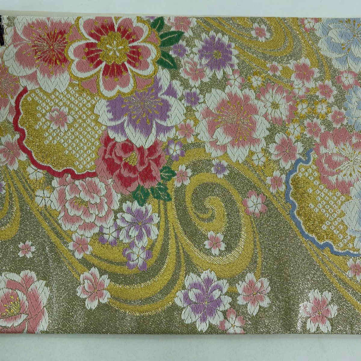 【美品】 袋帶 秀品級 雪輪 草花紋 金銀線 唐織 金色 六通 純蠶絲