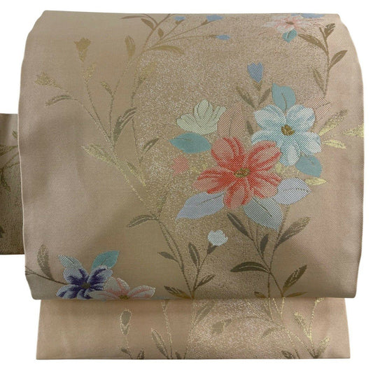 【美品】 名古屋帶 秀品級 草花紋 金銀彩 薄橙 純蠶絲