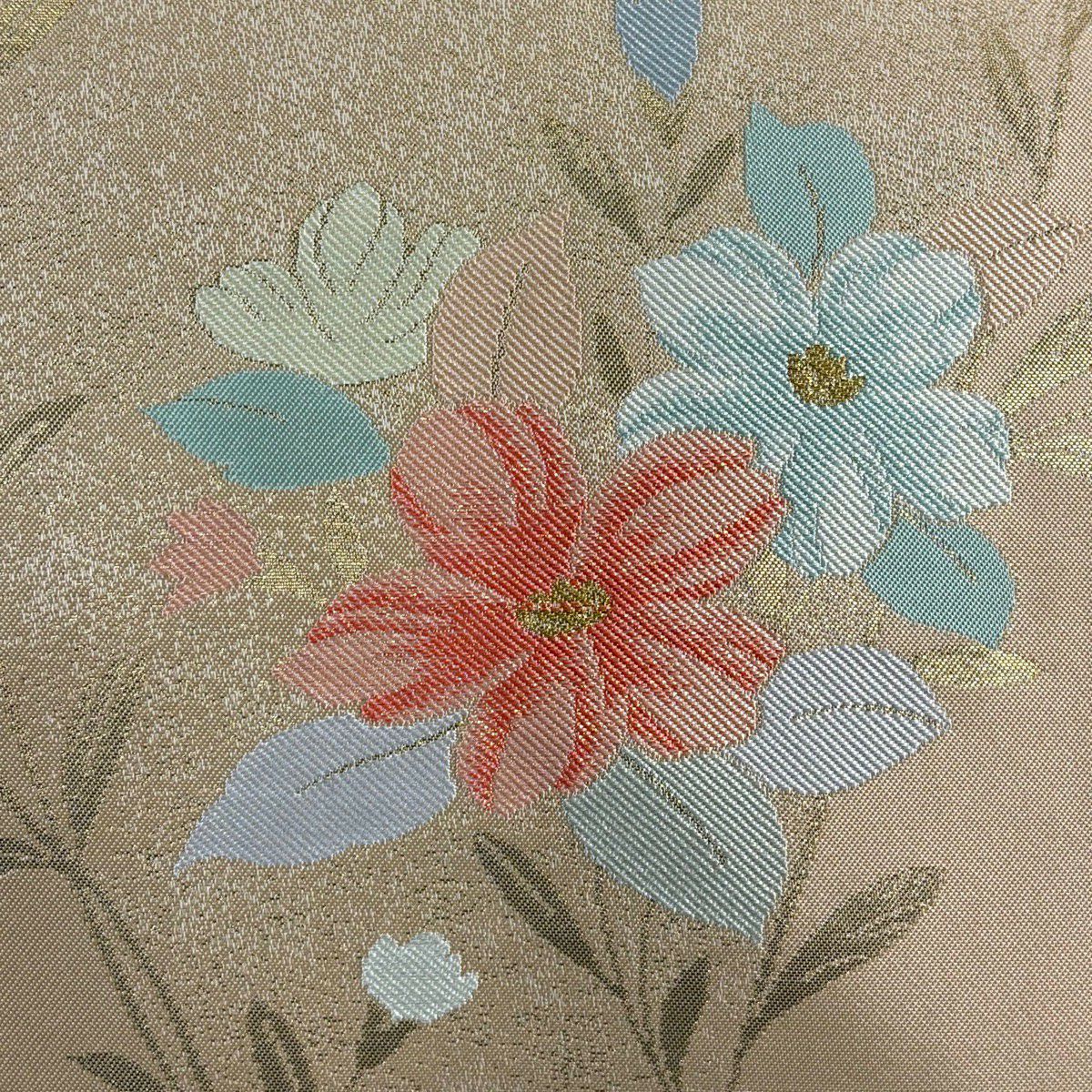 【美品】 名古屋帶 秀品級 草花紋 金銀彩 薄橙 純蠶絲