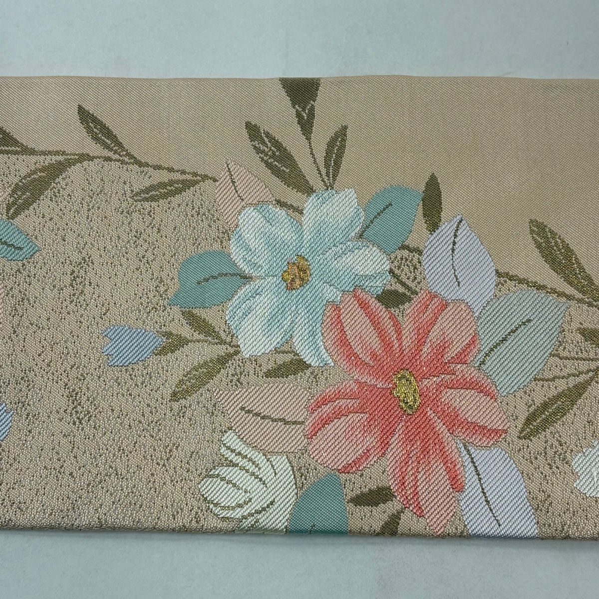 【美品】 名古屋帶 秀品級 草花紋 金銀彩 薄橙 純蠶絲