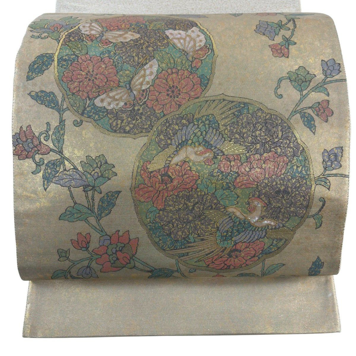 【美品】 袋帶 秀品級 草花紋紋 螺鈿 金金箔 金茶 お太鼓柄 純蠶絲