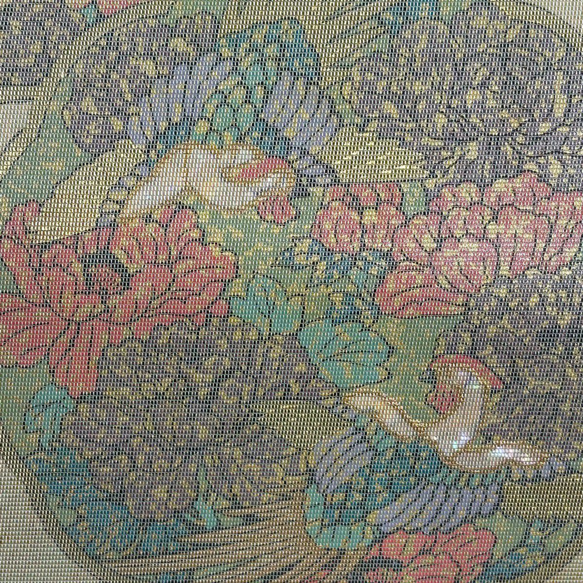 【美品】 袋帶 秀品級 草花紋紋 螺鈿 金金箔 金茶 お太鼓柄 純蠶絲