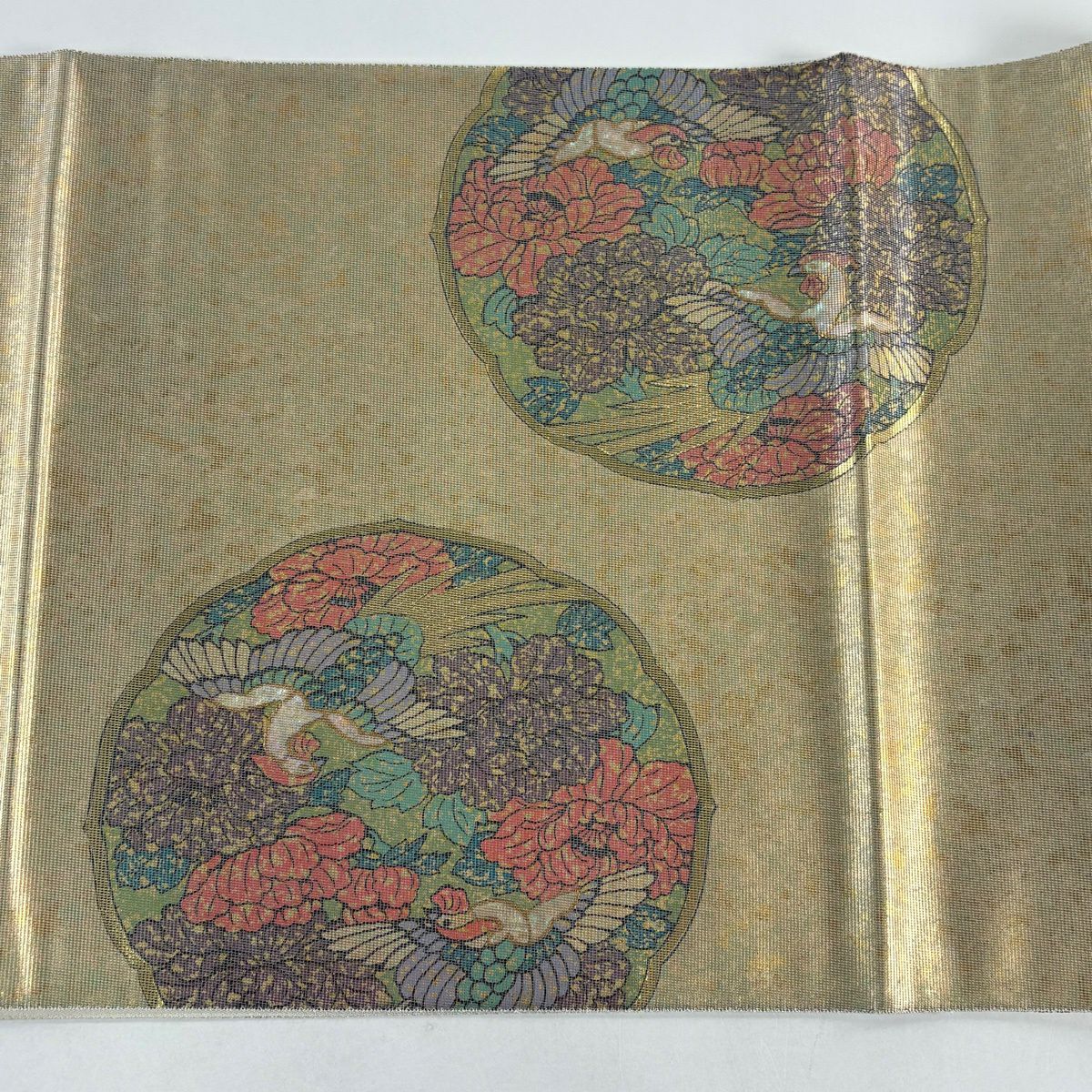 【美品】 袋帶 秀品級 草花紋紋 螺鈿 金金箔 金茶 お太鼓柄 純蠶絲