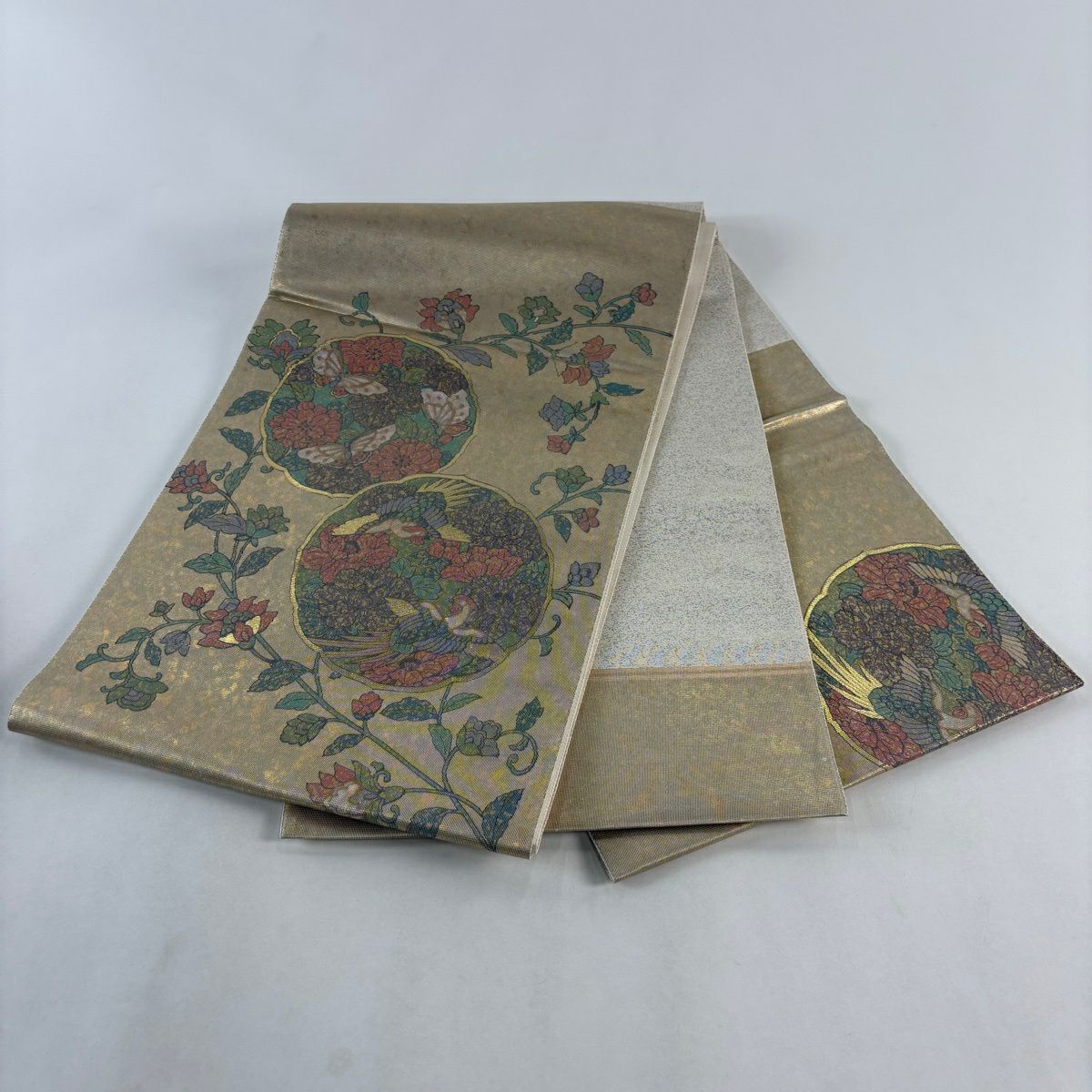 【美品】 袋帶 秀品級 草花紋紋 螺鈿 金金箔 金茶 お太鼓柄 純蠶絲