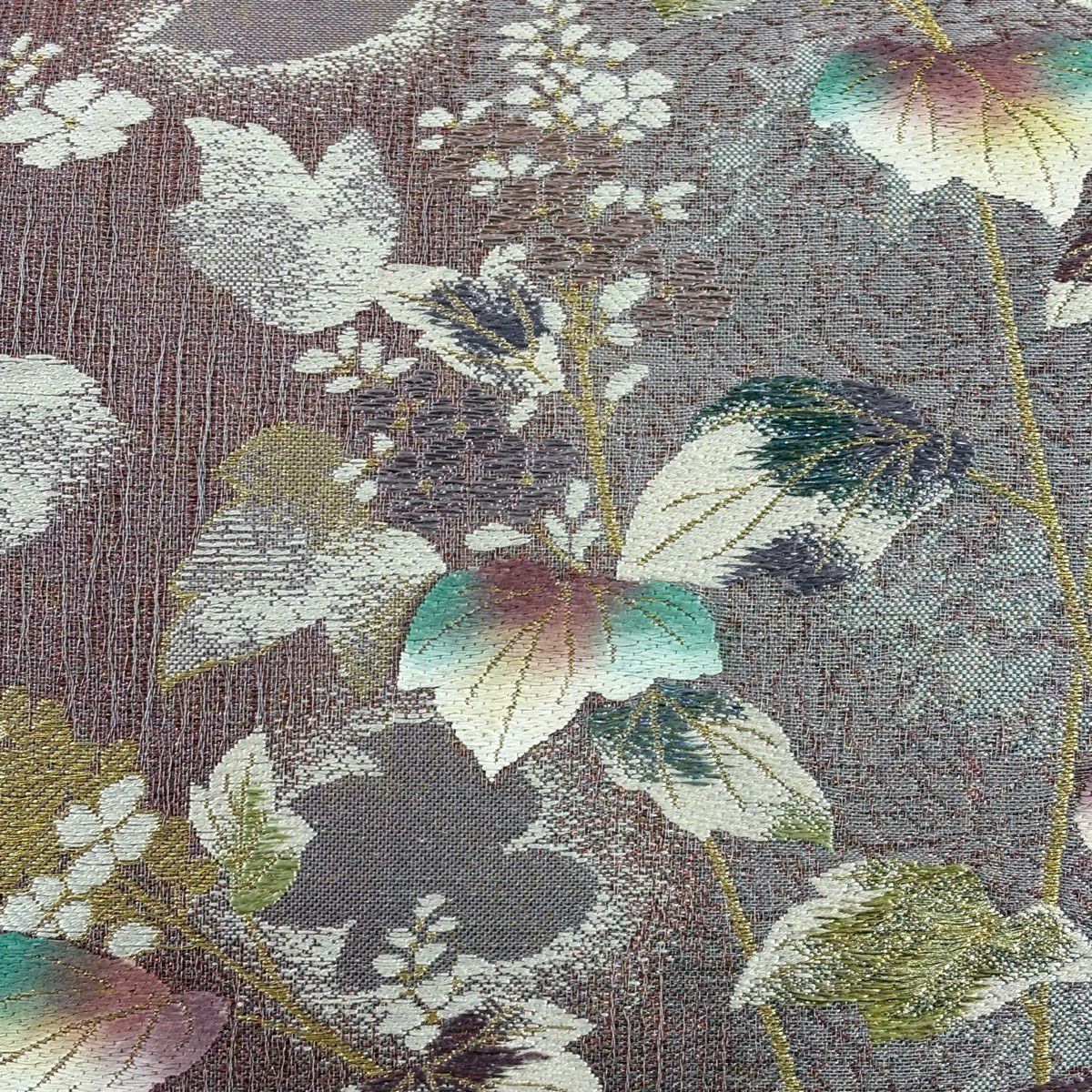 【美品】 袋帶 秀品級 大和 草花紋 金銀彩 淺紫 六通 純蠶絲
