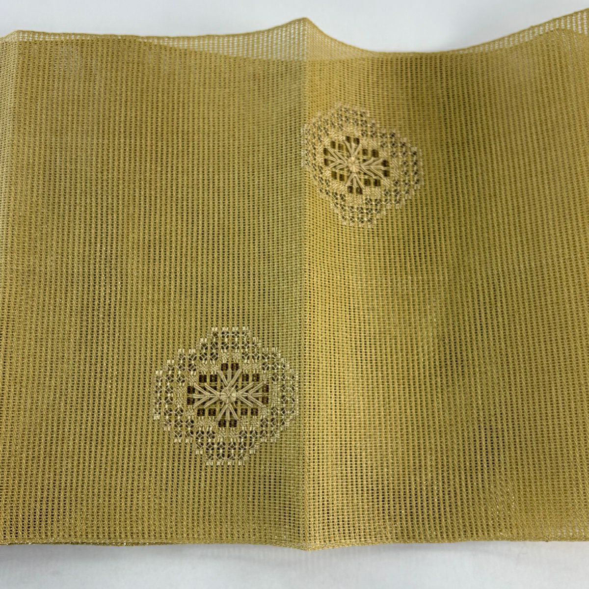 【美品】名古屋帶 秀品級 夏帶 八寸名古屋帶 松樹葉仕立 花 金糸 黃土 純蠶絲