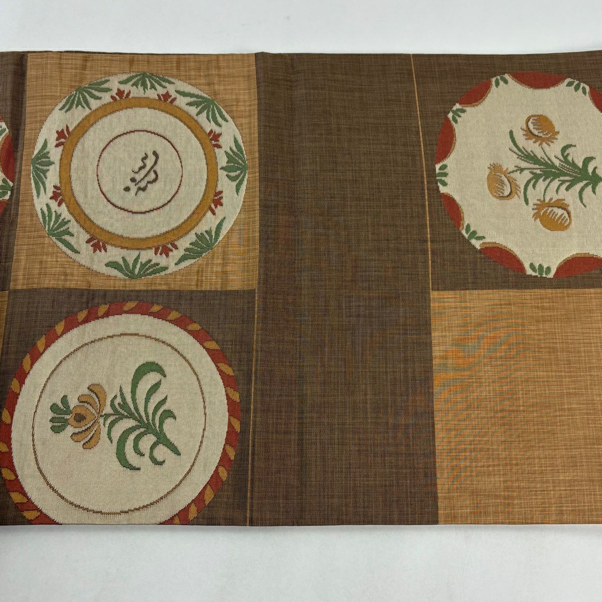 【美品】 袋帶 秀品級 木屋太 落款 草花紋 薄茶 深藍 六通 純蠶絲