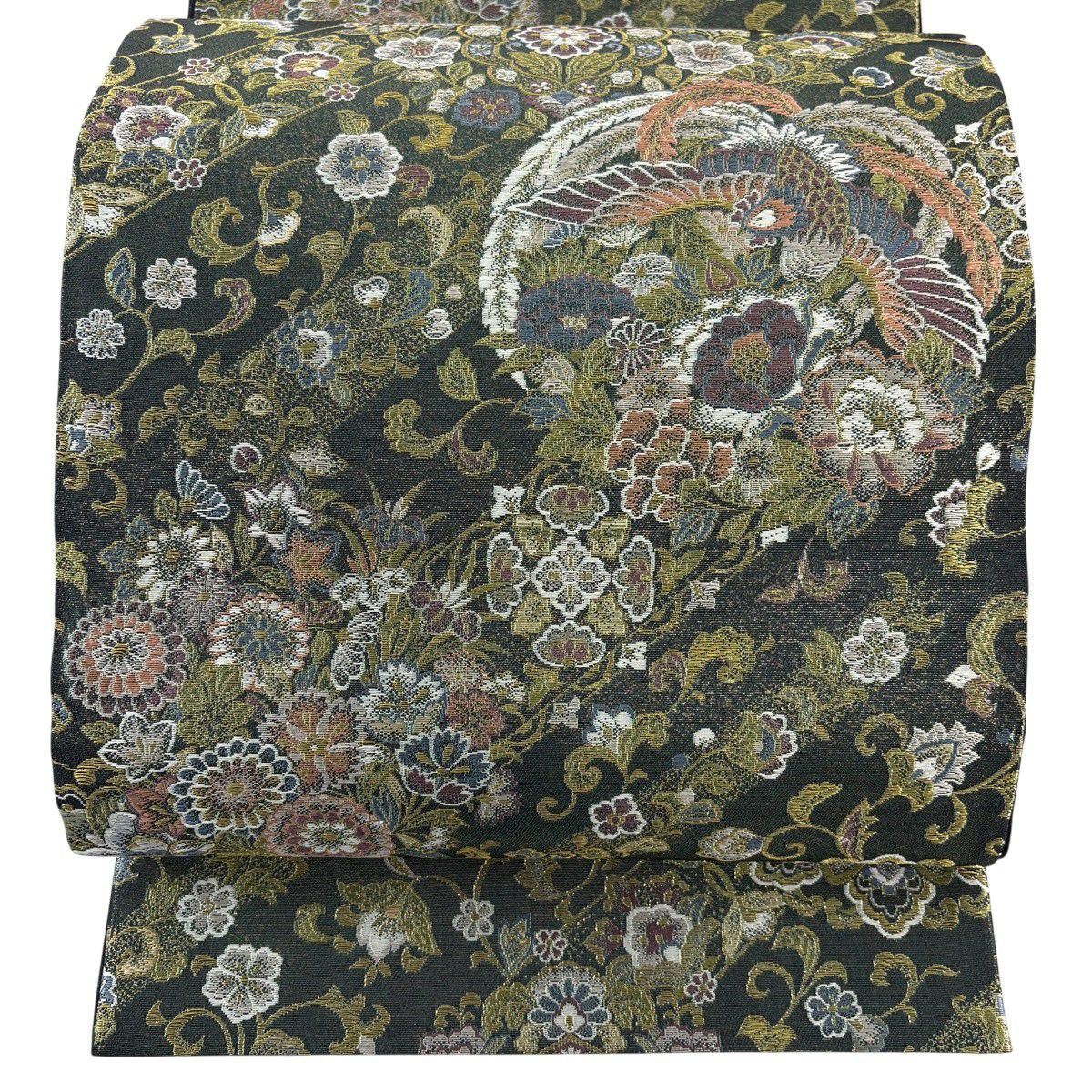 【美品】 袋帶 秀品級 草花紋紋 鳥 金絲 深綠 六通 純蠶絲