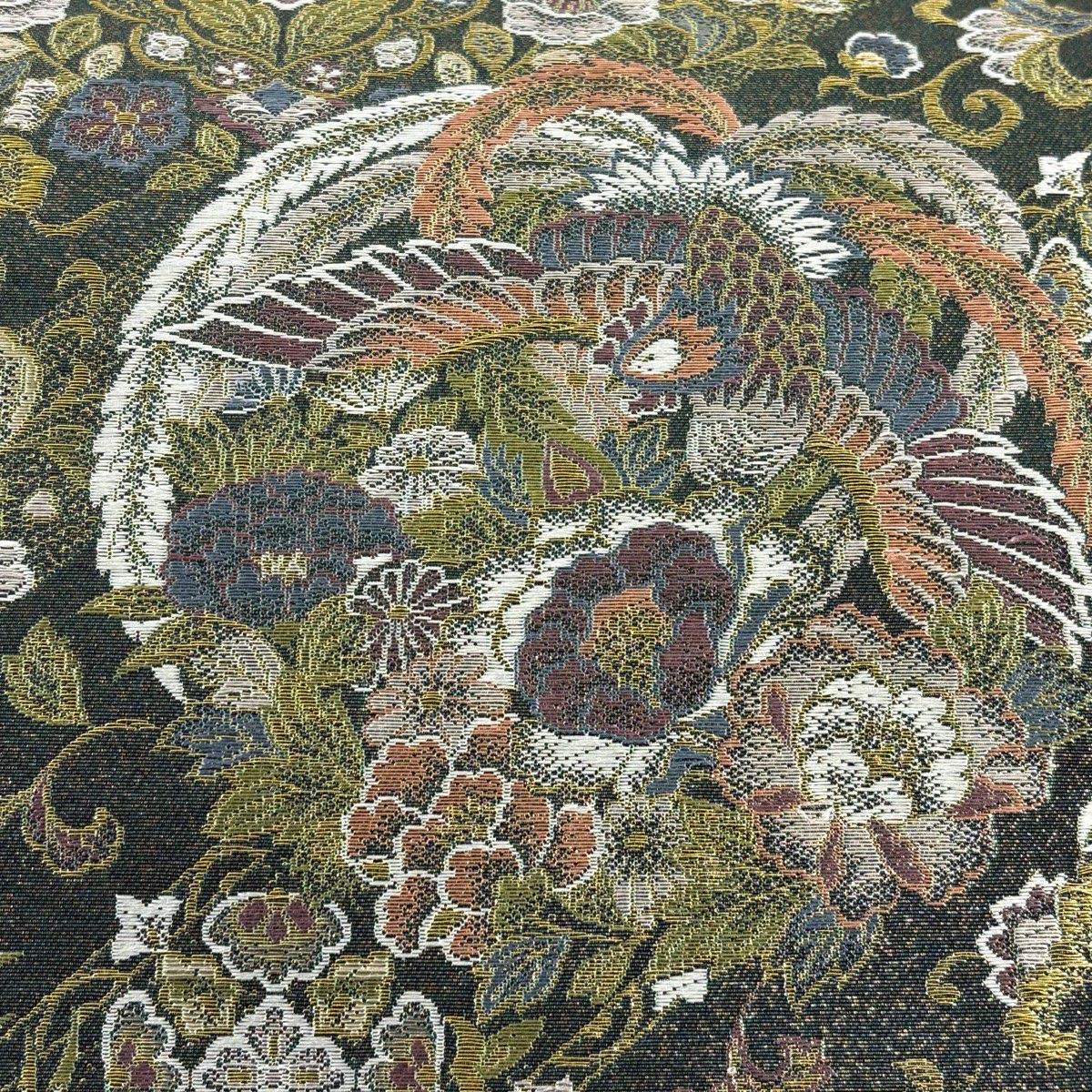 【美品】 袋帶 秀品級 草花紋紋 鳥 金絲 深綠 六通 純蠶絲