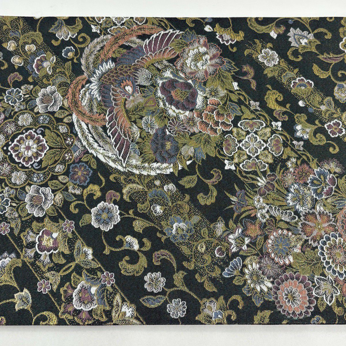 【美品】 袋帶 秀品級 草花紋紋 鳥 金絲 深綠 六通 純蠶絲