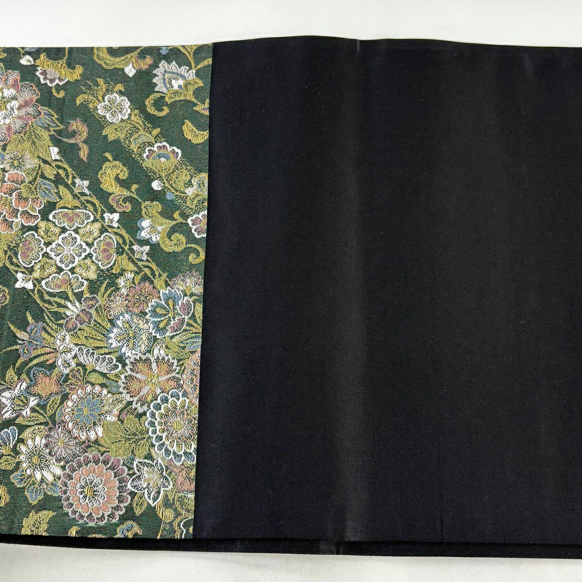 【美品】 袋帶 秀品級 草花紋紋 鳥 金絲 深綠 六通 純蠶絲