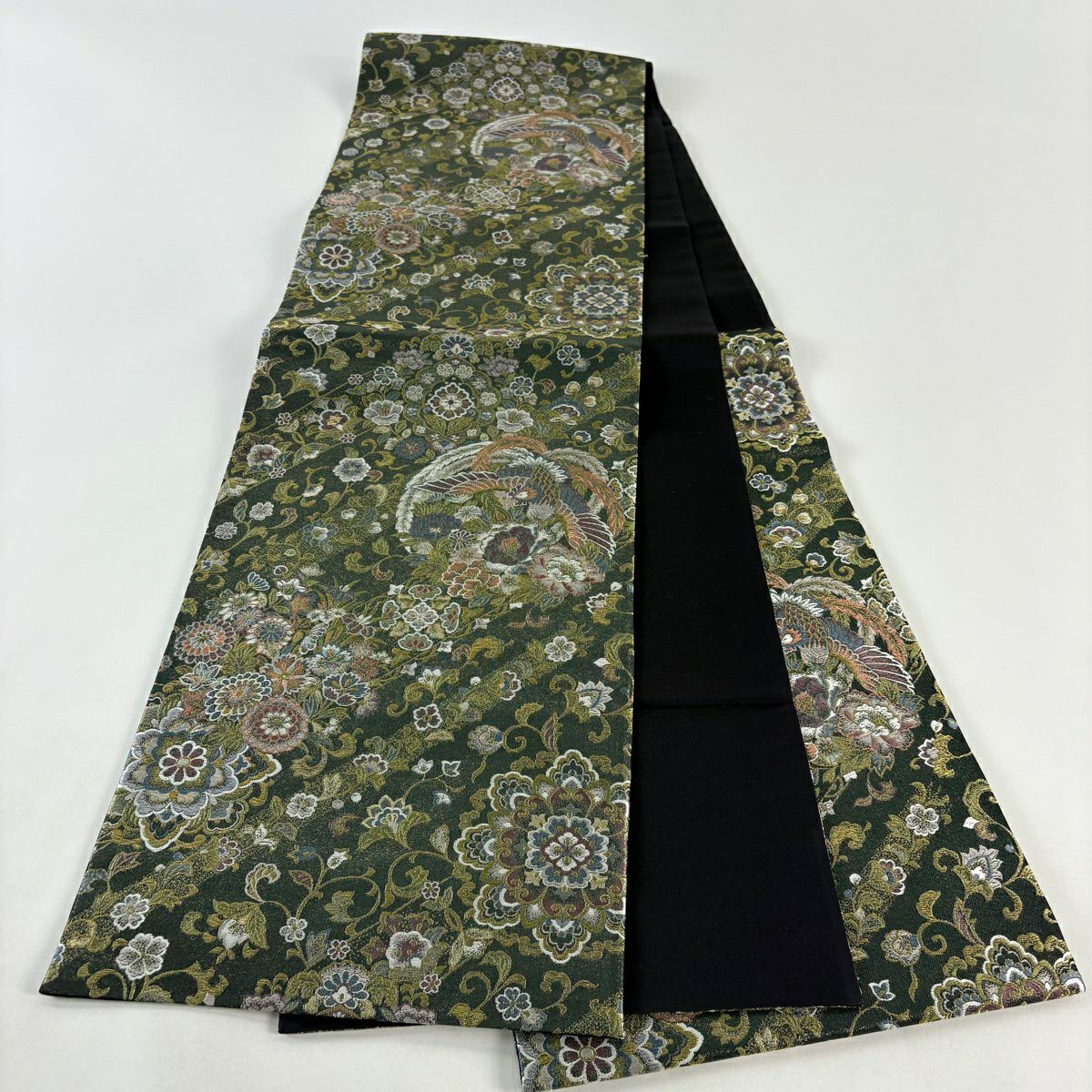 【美品】 袋帶 秀品級 草花紋紋 鳥 金絲 深綠 六通 純蠶絲