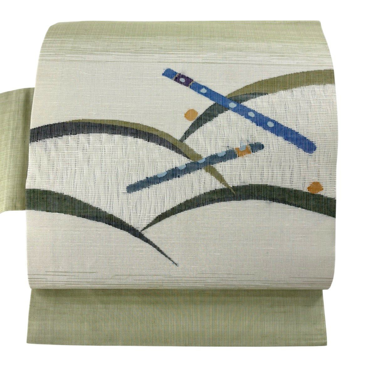 【美品】 名古屋帶 秀品級 落款 夏帶 笛 露芝 金絲 抹茶 純蠶絲