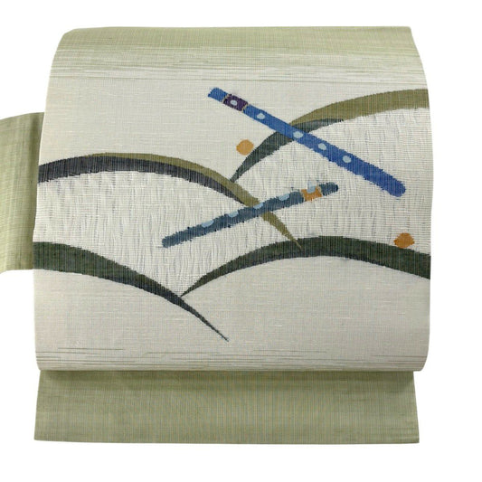 【美品】 名古屋帶 秀品級 落款 夏帶 笛 露芝 金絲 抹茶 純蠶絲