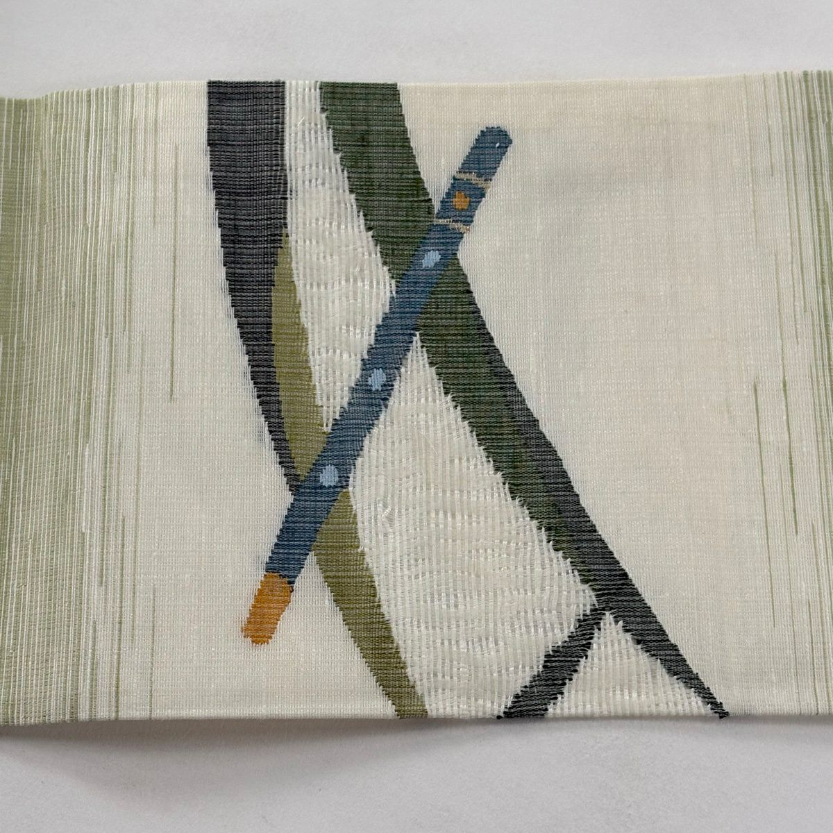 【美品】 名古屋帶 秀品級 落款 夏帶 笛 露芝 金絲 抹茶 純蠶絲