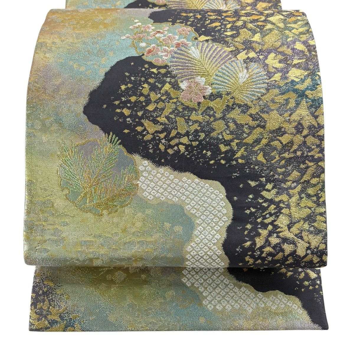 【美品】 袋帶 秀品級 加賀彩松樹梅花 雪輪 金絲 金金箔 紫 六通 純蠶絲
