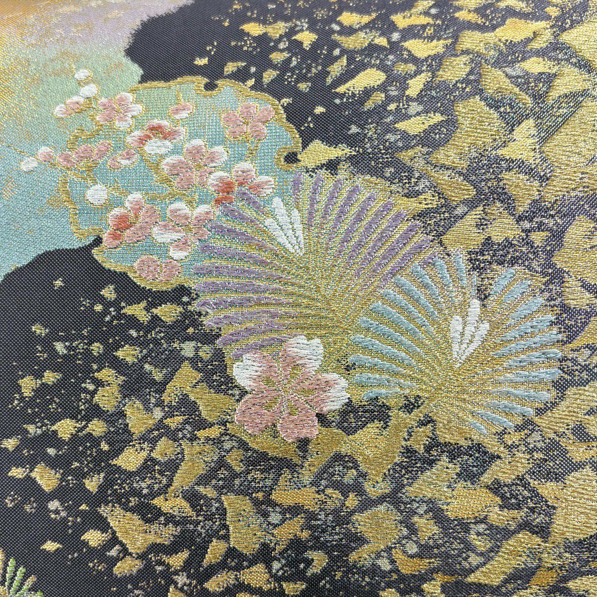 【美品】 袋帶 秀品級 加賀彩松樹梅花 雪輪 金絲 金金箔 紫 六通 純蠶絲