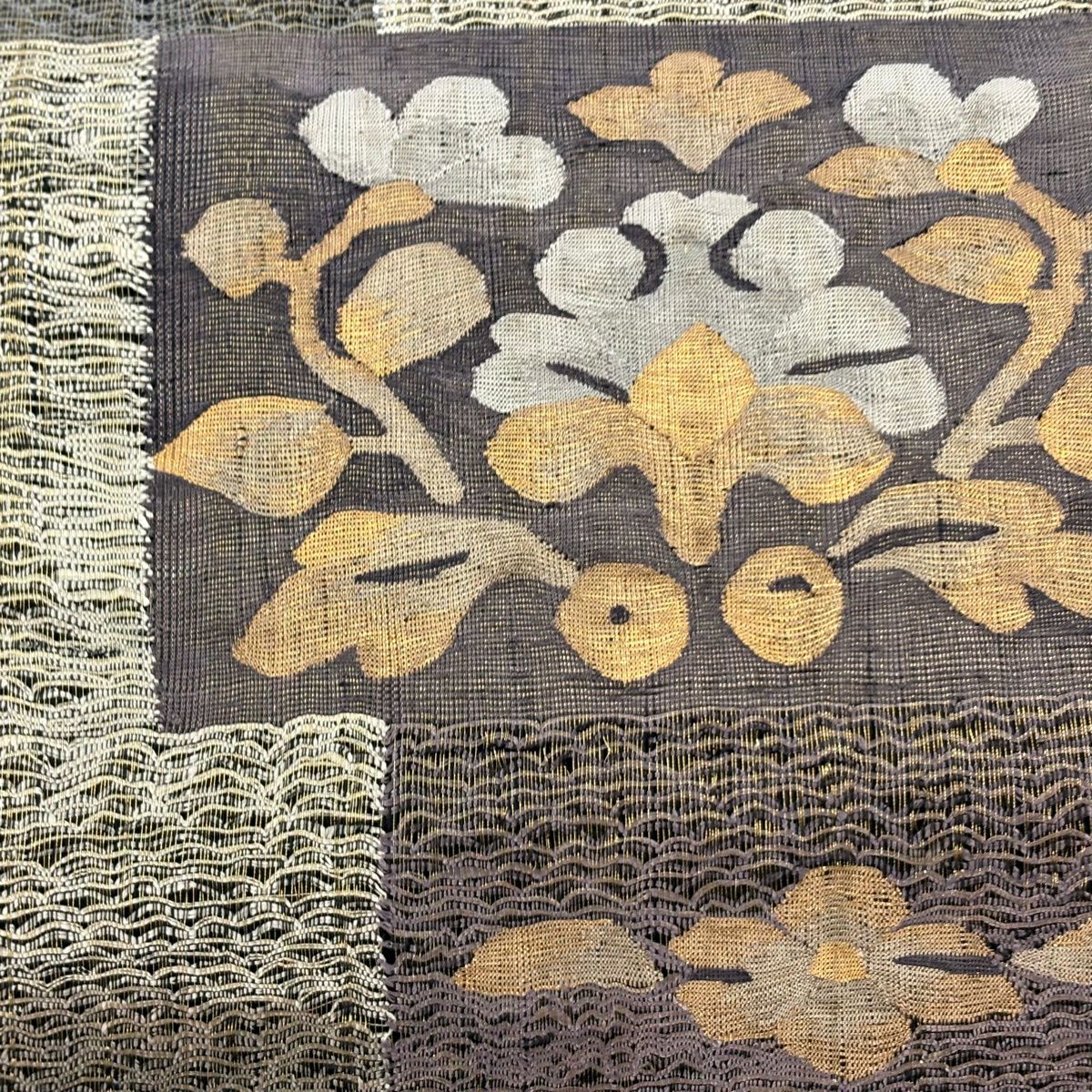 【美品】 袋帶 優品級 草花紋 幾何圖案 金線 灰茶 大鼓圖案 純蠶絲