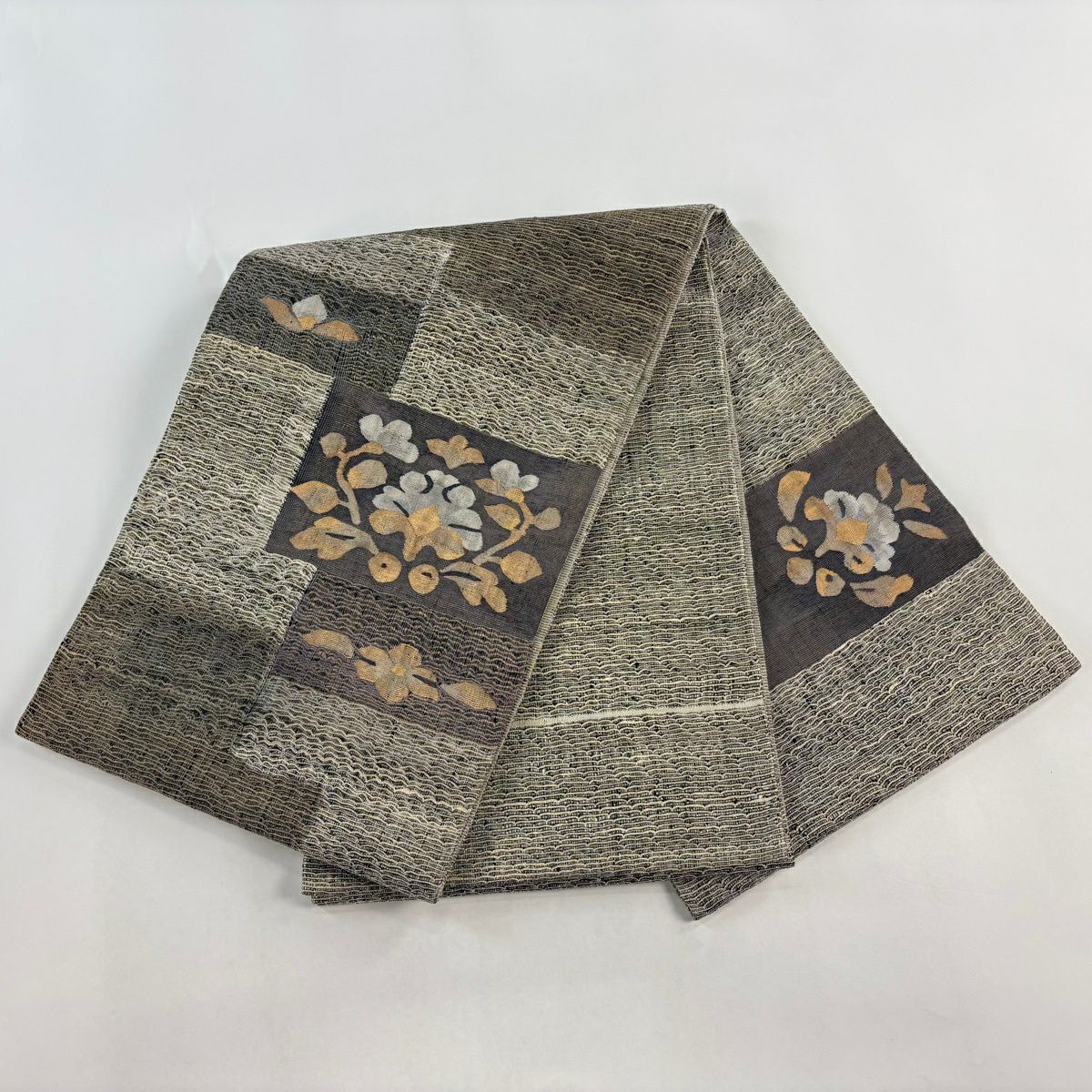 【美品】 袋帶 優品級 草花紋 幾何圖案 金線 灰茶 大鼓圖案 純蠶絲