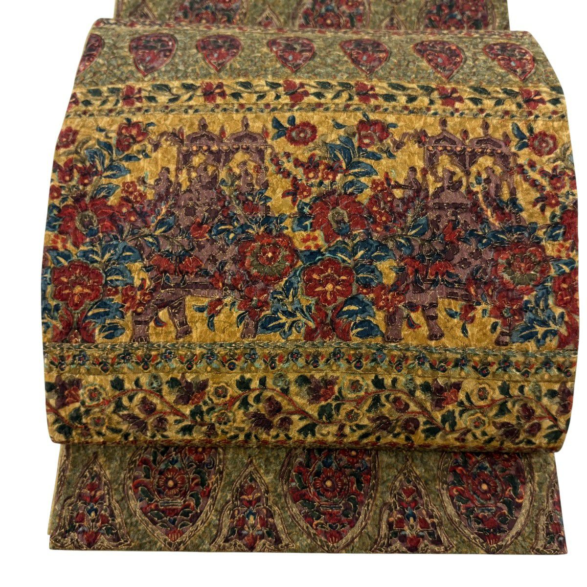 【美品】 袋帶 秀品級 草花紋 動物 纐纈 米色 全通 純蠶絲