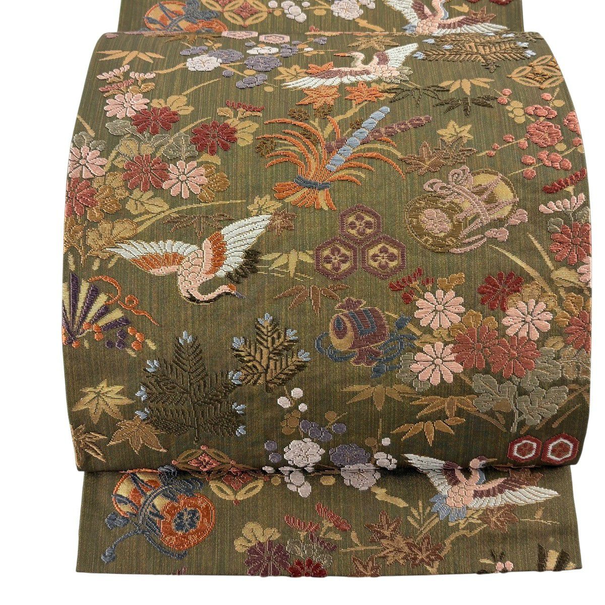 【美品】 袋帶 秀品級 寶盡花鳥 金金箔 唐織 茶綠 六通 純蠶絲