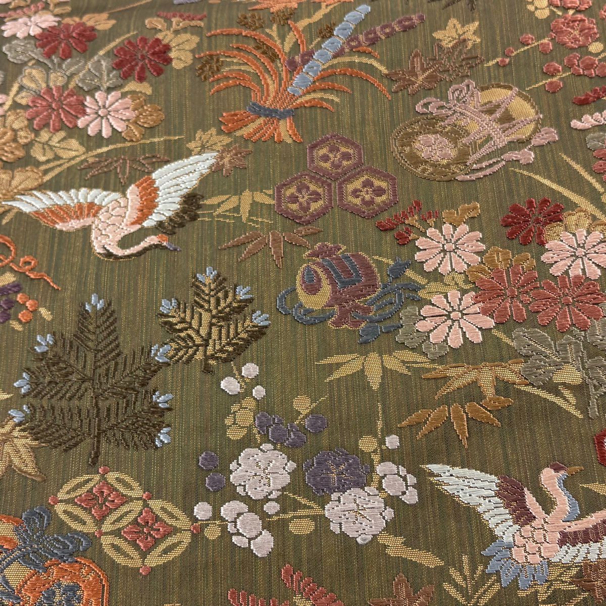 【美品】 袋帶 秀品級 寶盡花鳥 金金箔 唐織 茶綠 六通 純蠶絲