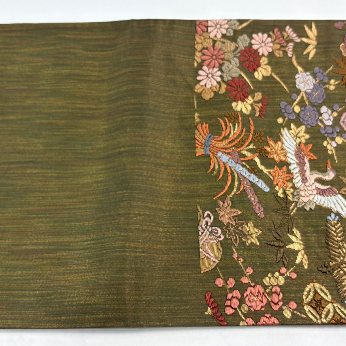 【美品】 袋帶 秀品級 寶盡花鳥 金金箔 唐織 茶綠 六通 純蠶絲