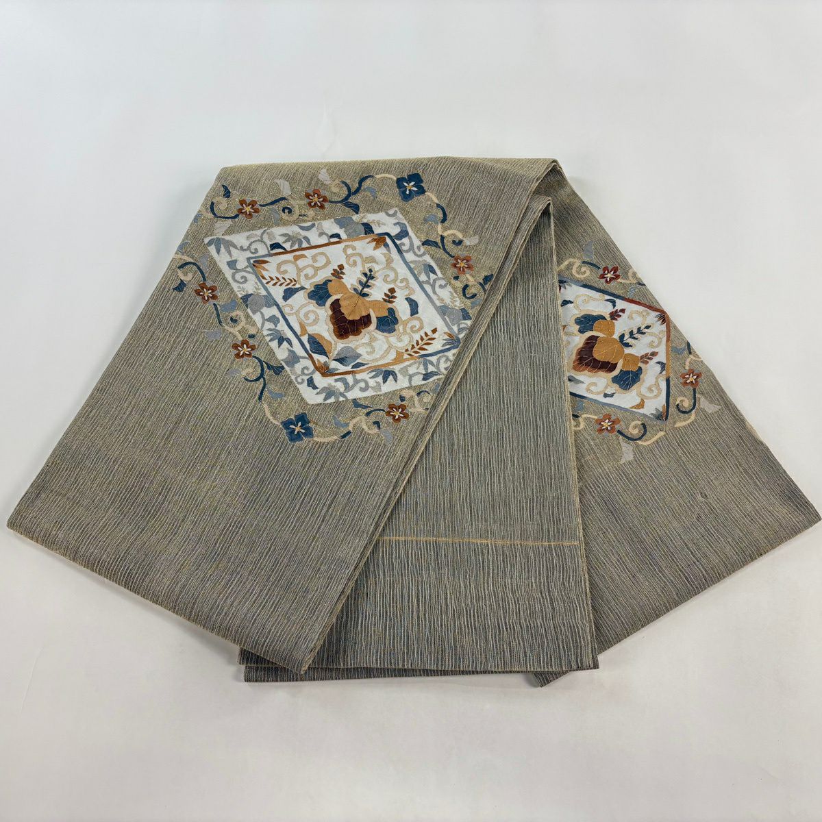 袋帶 秀品級 夏帶 桐唐草紋 菱 金絲 灰茶 大鼓圖案 純蠶絲